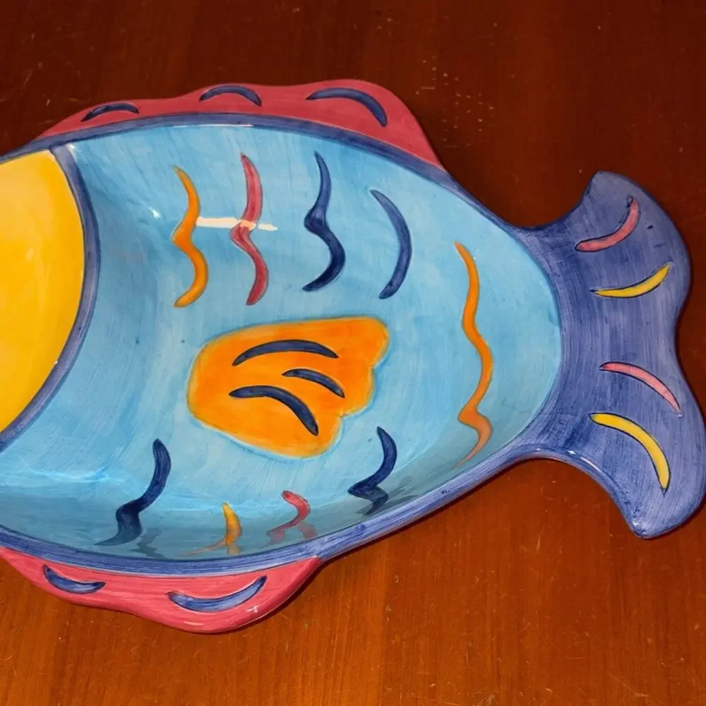 Hand-Painted Blue & Yellow Fish Serving Dish - Decorative Fish Accents